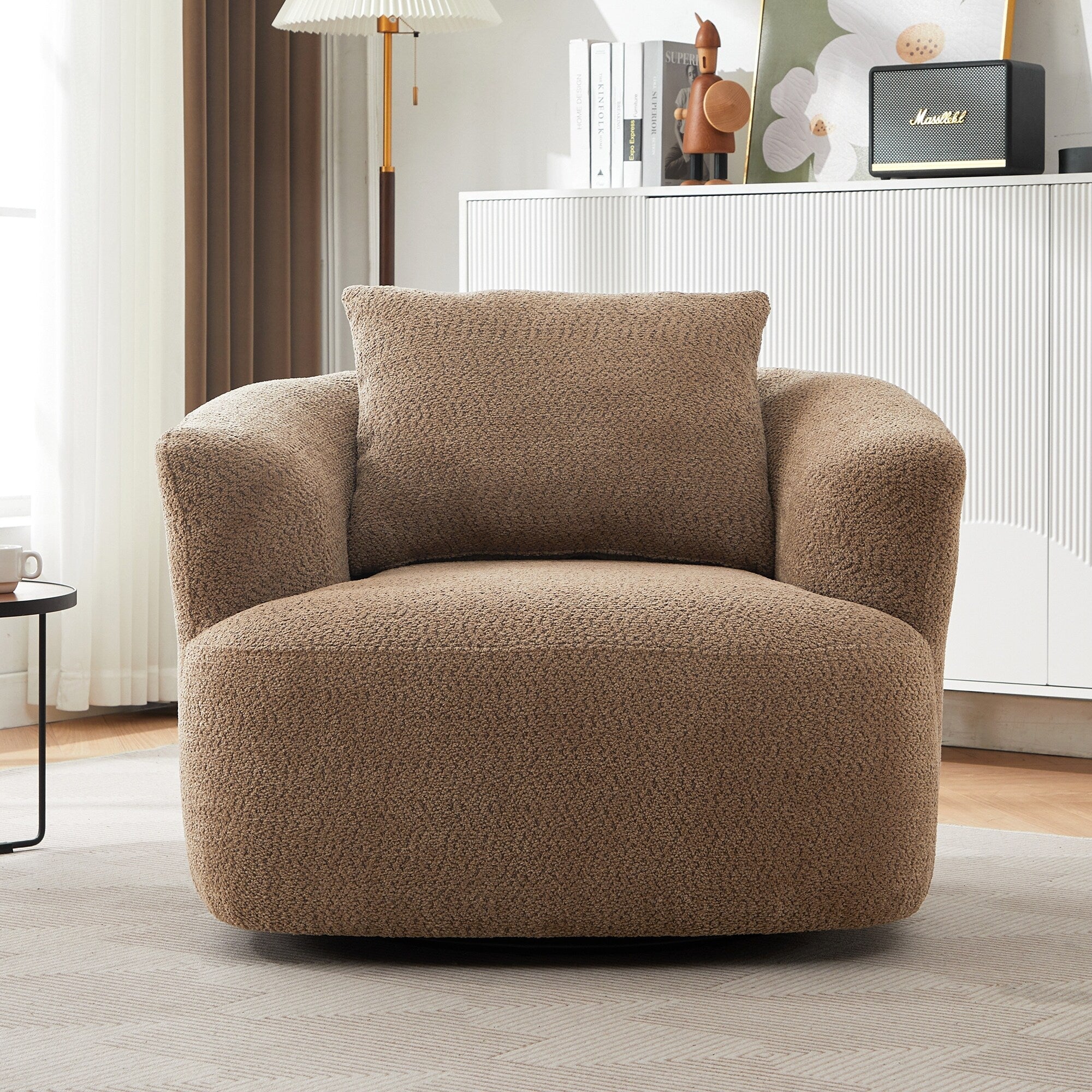 Fauteuil pivotant à 360°, fauteuil d'appoint en bouclette de 38,2 cm avec coussin décoratif, fauteuil-canapé rembourré avec accoudoirs incurvés