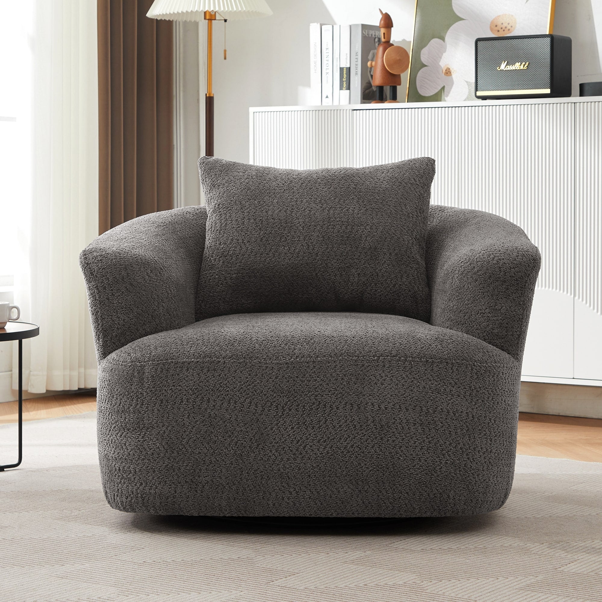 Fauteuil pivotant à 360°, fauteuil d'appoint en bouclette de 38,2 cm avec coussin décoratif, fauteuil-canapé rembourré avec accoudoirs incurvés