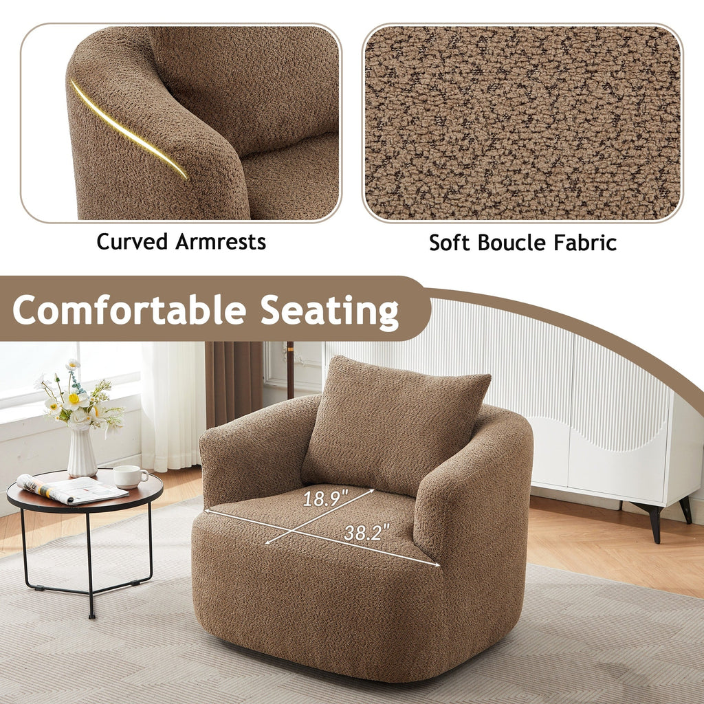 Fauteuil pivotant à 360°, fauteuil d'appoint en bouclette de 38,2 cm avec coussin décoratif, fauteuil-canapé rembourré avec accoudoirs incurvés