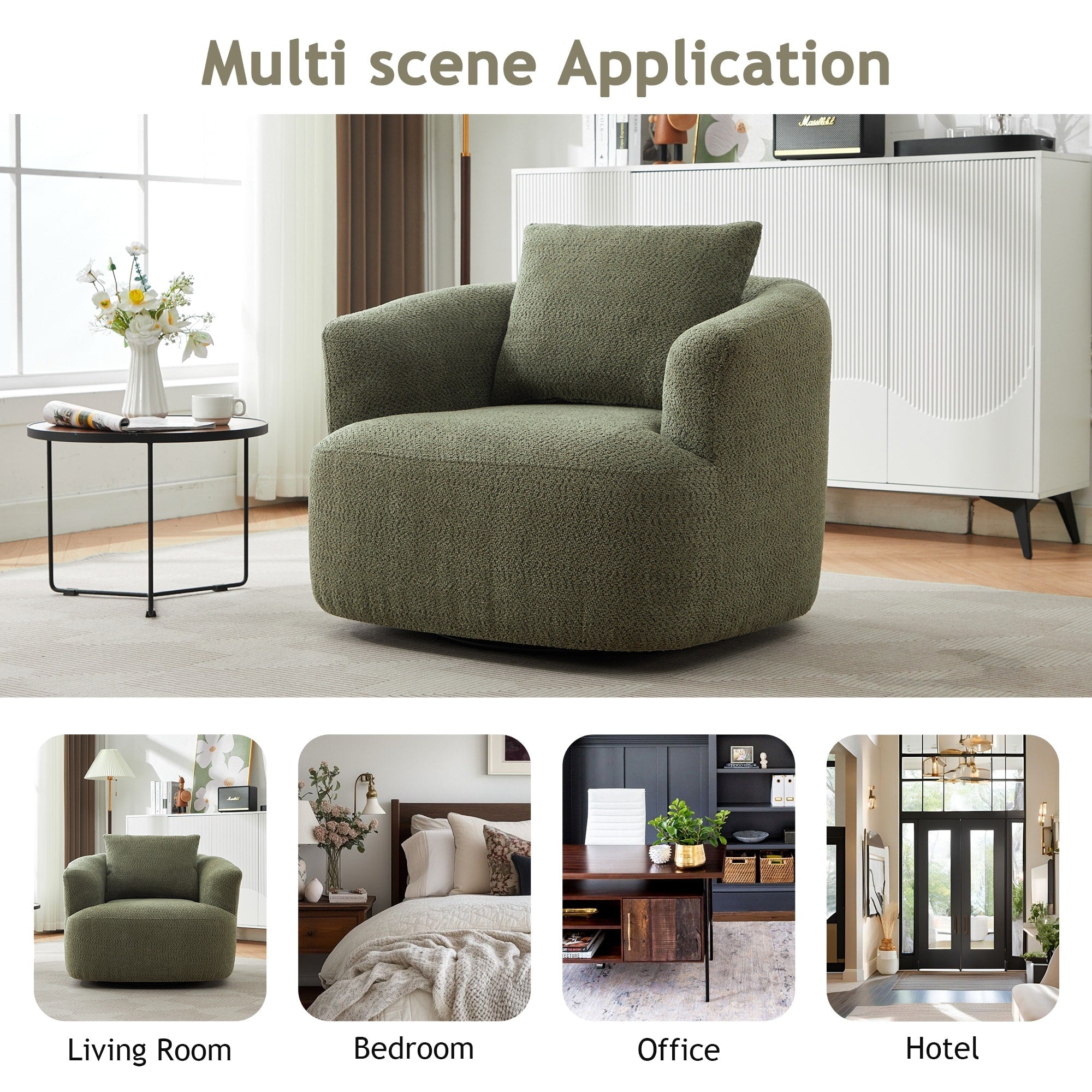 Fauteuil pivotant à 360°, fauteuil d'appoint en bouclette de 38,2 cm avec coussin décoratif, fauteuil-canapé rembourré avec accoudoirs incurvés