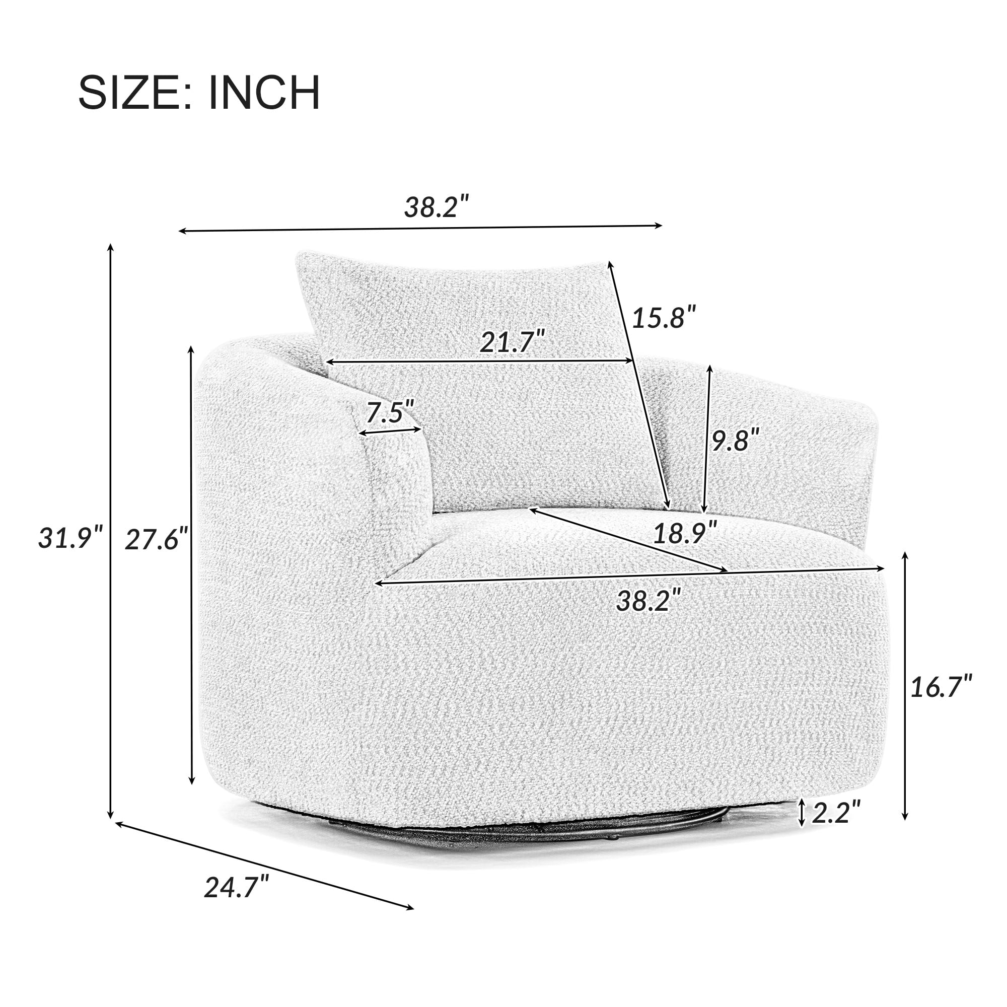 Fauteuil pivotant à 360°, fauteuil d'appoint en bouclette de 38,2 cm avec coussin décoratif, fauteuil-canapé rembourré avec accoudoirs incurvés