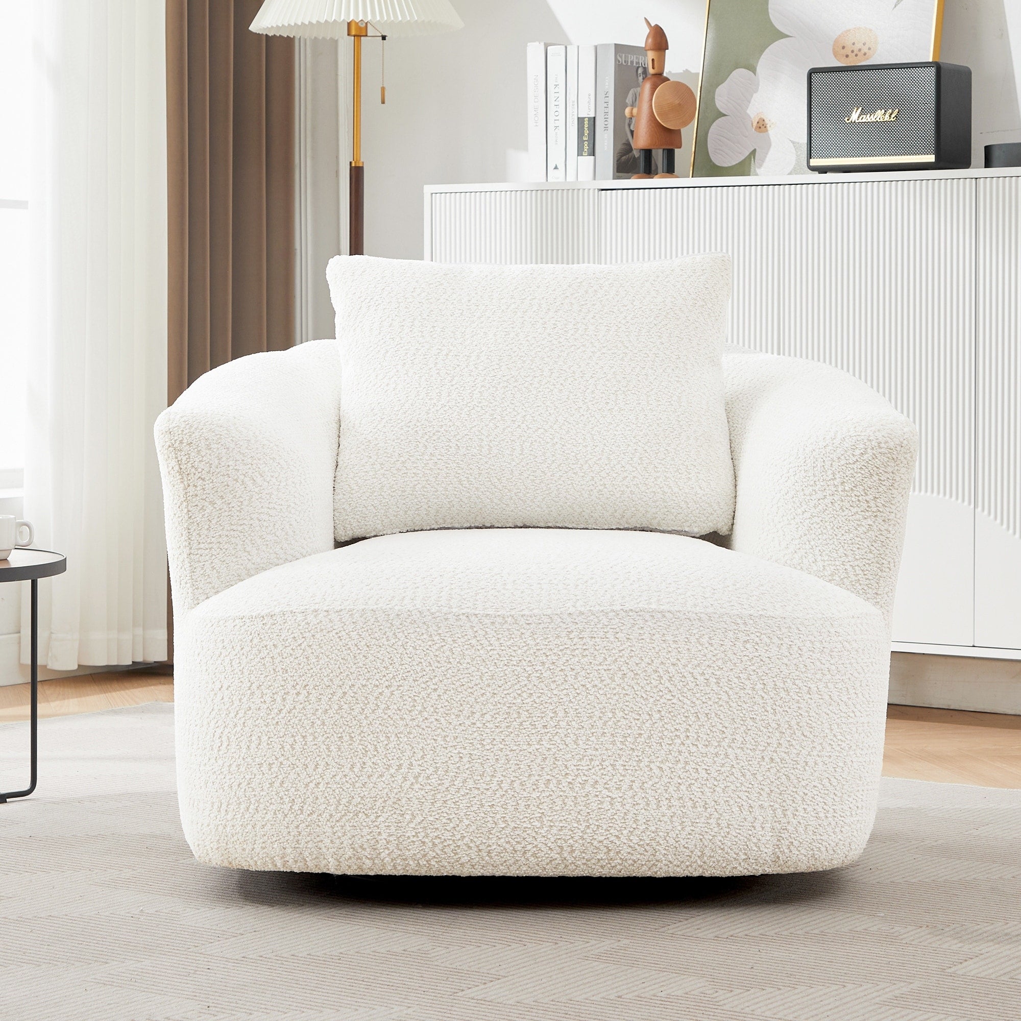 Fauteuil pivotant à 360°, fauteuil d'appoint en bouclette de 38,2 cm avec coussin décoratif, fauteuil-canapé rembourré avec accoudoirs incurvés