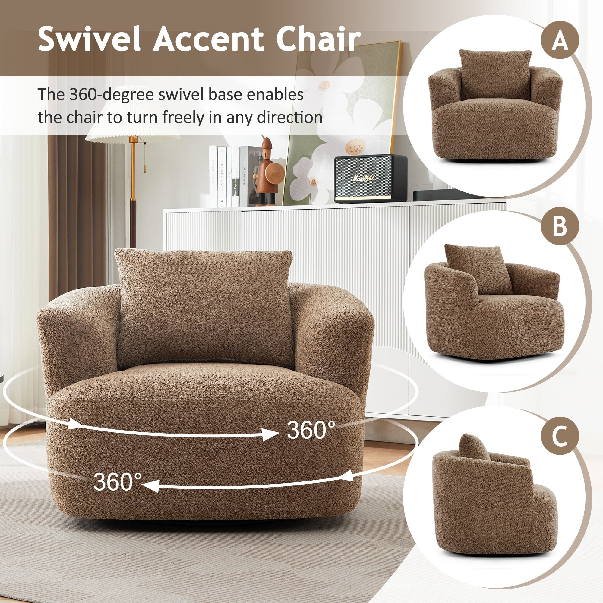 Fauteuil pivotant à 360°, fauteuil d'appoint en bouclette de 38,2 cm avec coussin décoratif, fauteuil-canapé rembourré avec accoudoirs incurvés