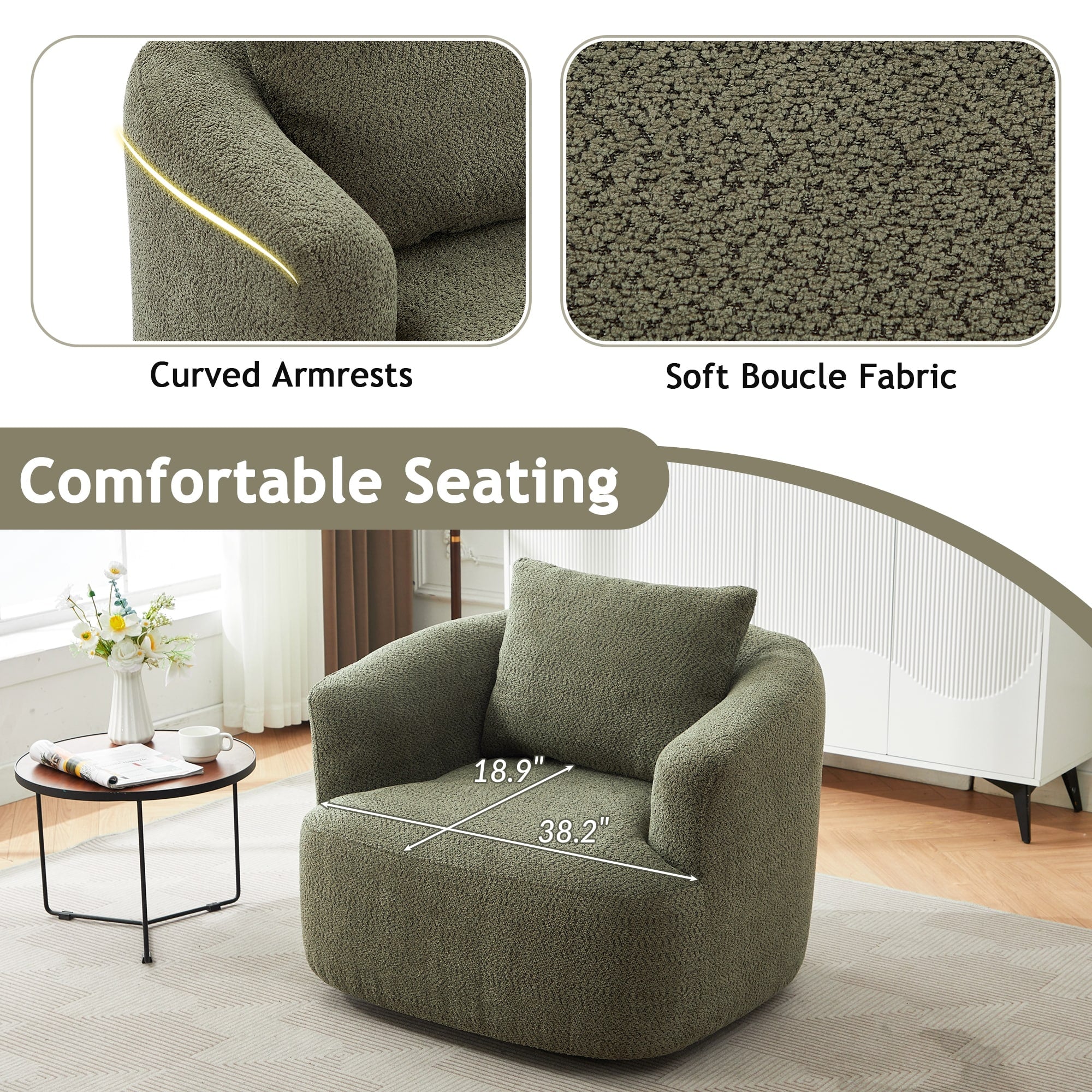 Fauteuil pivotant à 360°, fauteuil d'appoint en bouclette de 38,2 cm avec coussin décoratif, fauteuil-canapé rembourré avec accoudoirs incurvés