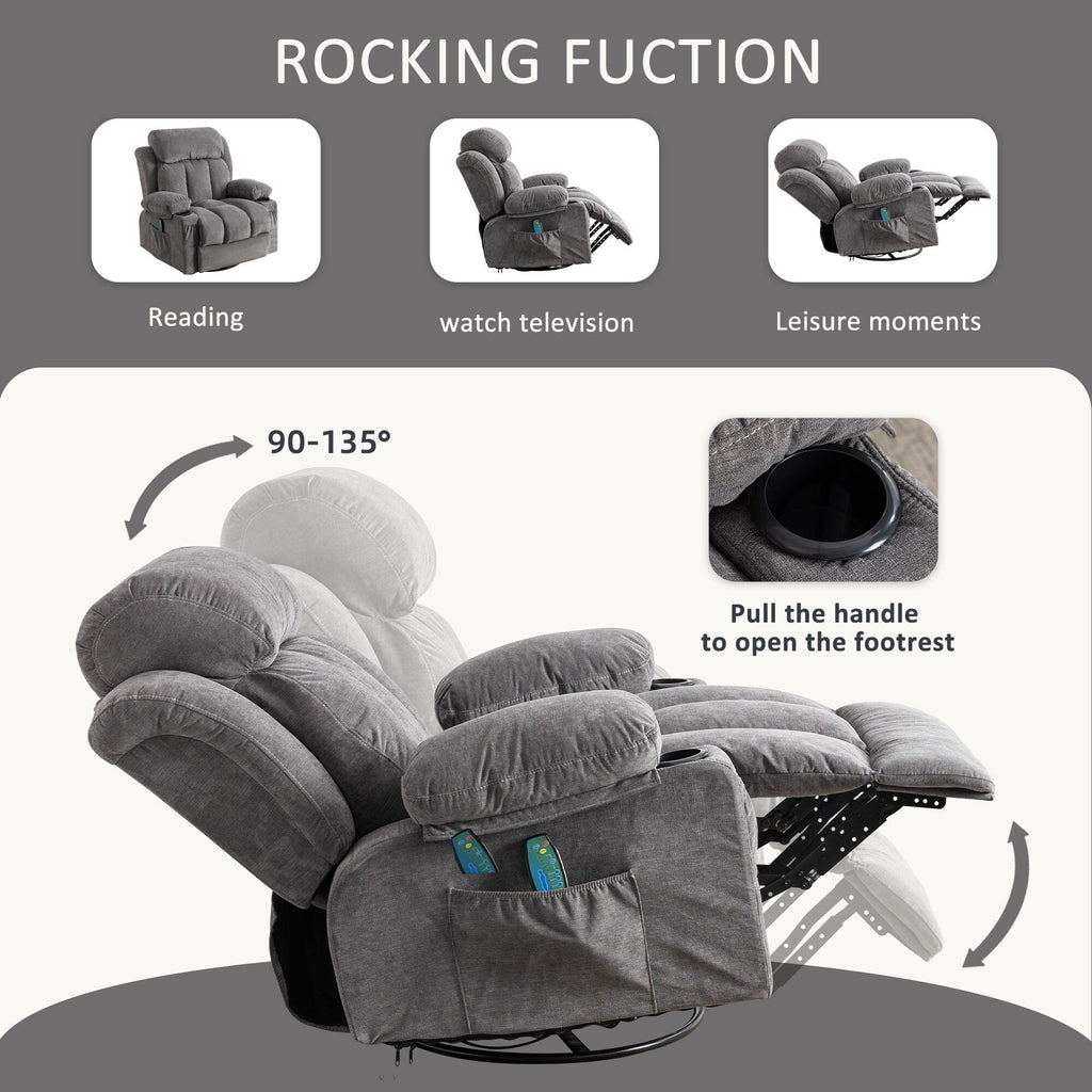 Fauteuil inclinable pivotant à 360° avec massage, chauffage, port USB et porte-gobelets