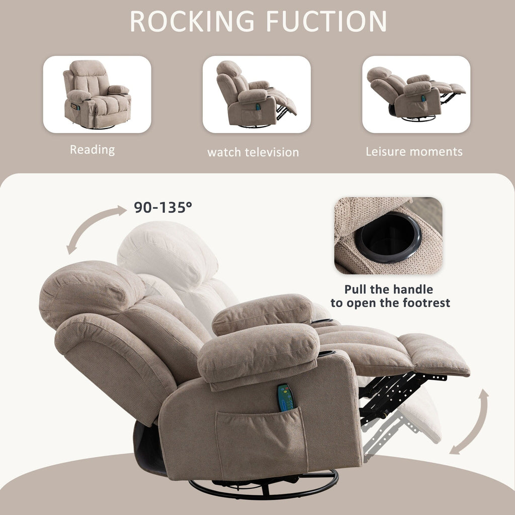 Fauteuil inclinable pivotant à 360° avec massage, chauffage, port USB et porte-gobelets