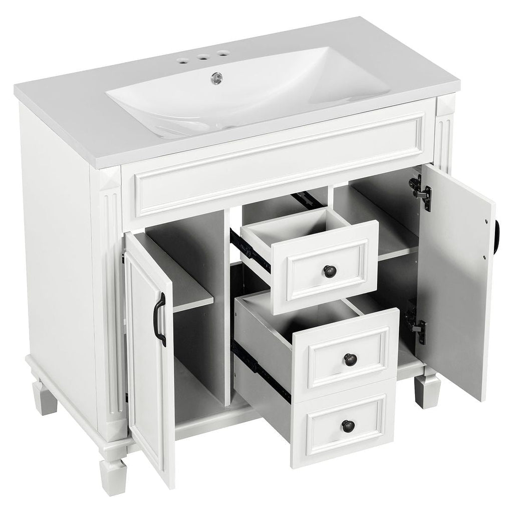 Meuble-lavabo moderne de 91 cm (36 pouces) pour salle de bain avec lavabo intégré et armoire à miroir, 2 portes et 2 tiroirs.