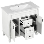 Meuble-lavabo moderne de 91 cm (36 pouces) pour salle de bain avec lavabo intégré et armoire à miroir, 2 portes et 2 tiroirs.