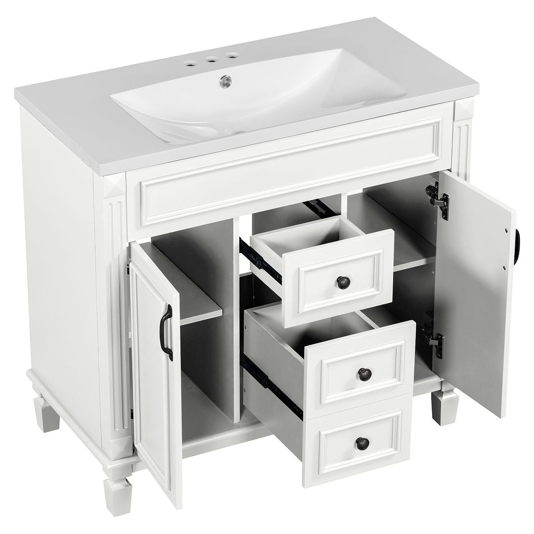 Meuble-lavabo moderne de 91 cm (36 pouces) pour salle de bain avec lavabo intégré et armoire à miroir, 2 portes et 2 tiroirs.