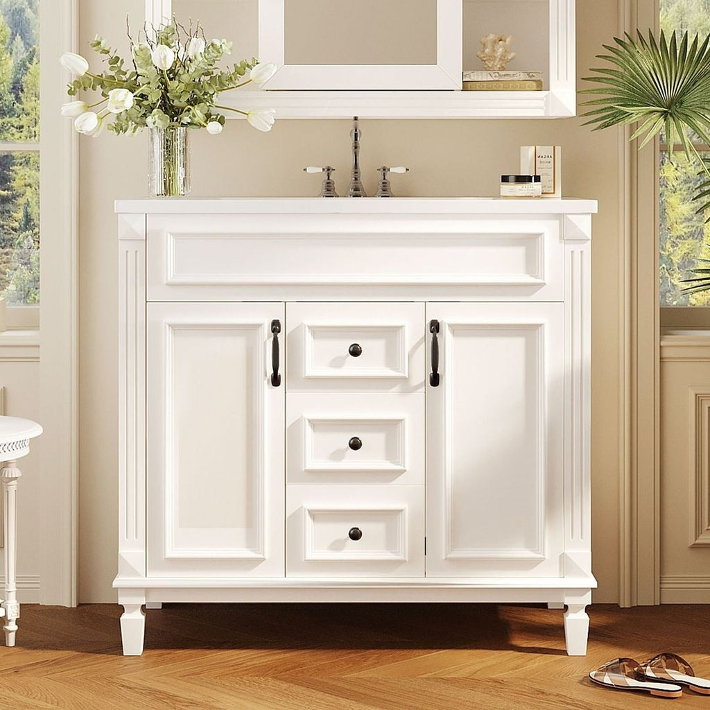 Meuble-lavabo moderne de 91 cm (36 pouces) pour salle de bain avec lavabo intégré et armoire à miroir, 2 portes et 2 tiroirs.