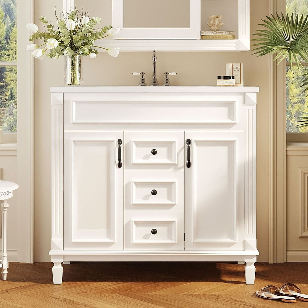 Meuble-lavabo moderne de 91 cm (36 pouces) pour salle de bain avec lavabo intégré et armoire à miroir, 2 portes et 2 tiroirs.