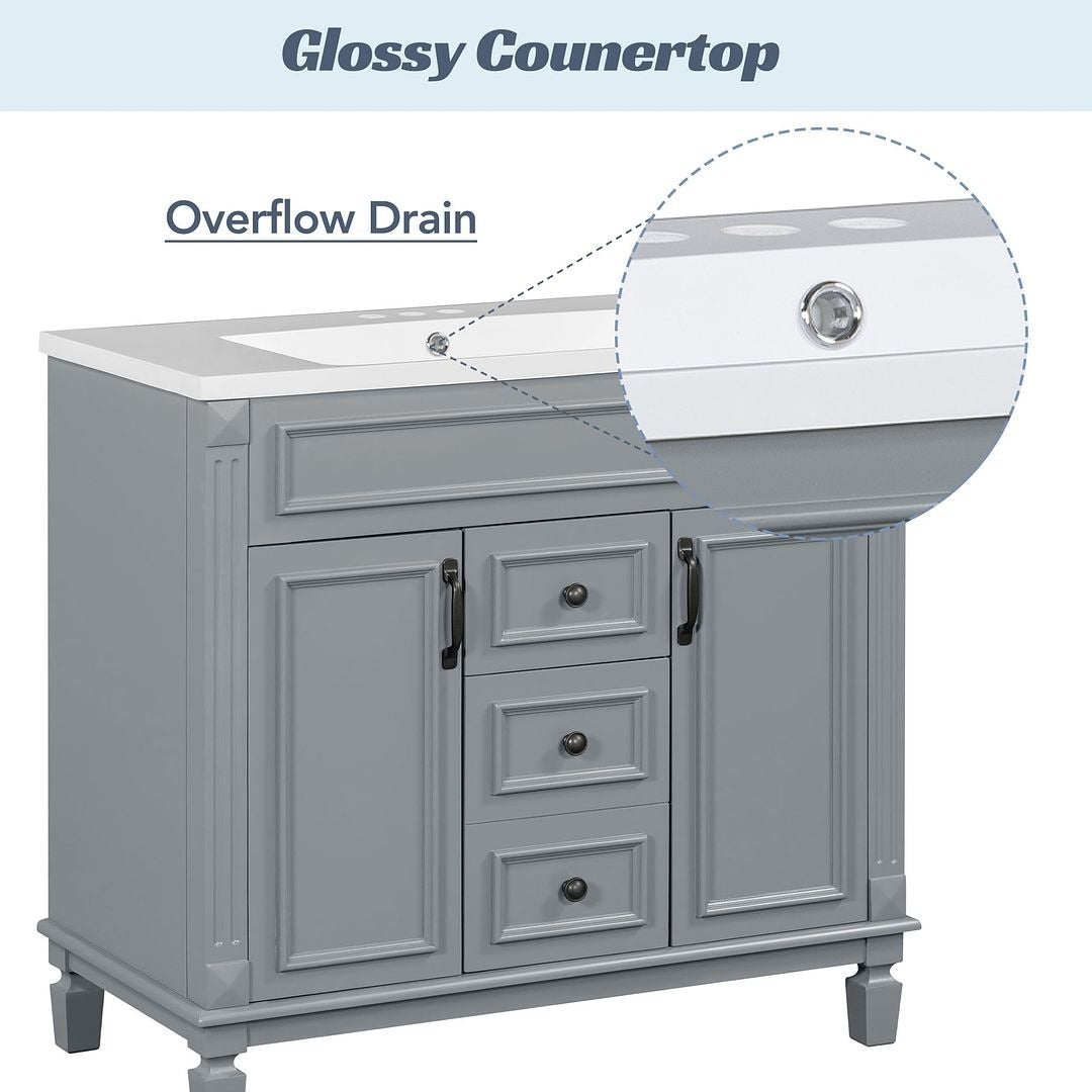 Meuble-lavabo moderne de 91 cm (36 pouces) pour salle de bain avec lavabo intégré et armoire à miroir, 2 portes et 2 tiroirs.