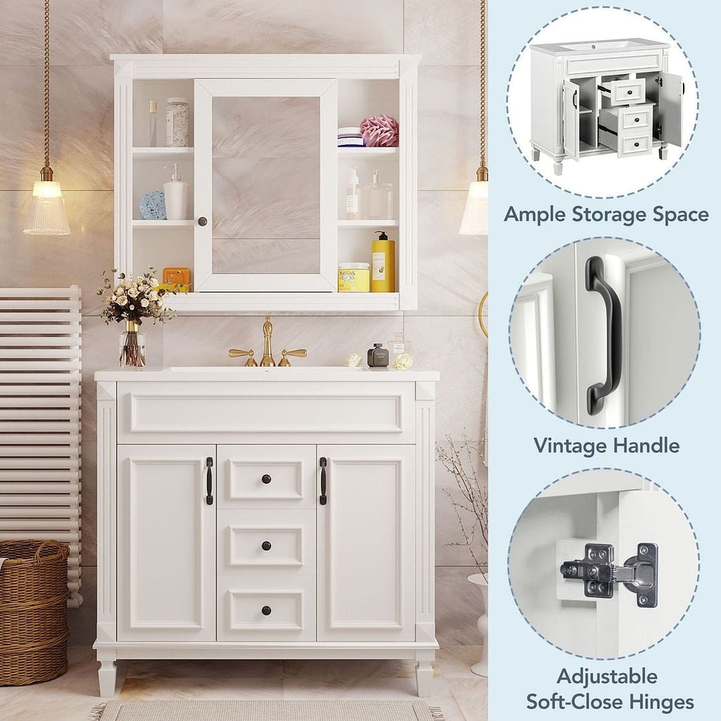 Meuble-lavabo moderne de 91 cm (36 pouces) pour salle de bain avec lavabo intégré et armoire à miroir, 2 portes et 2 tiroirs.