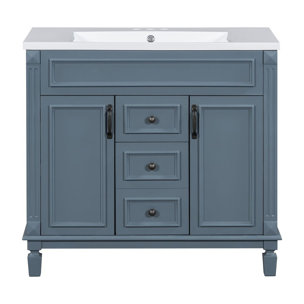 Meuble-lavabo moderne de 91 cm (36 pouces) pour salle de bain avec lavabo intégré et armoire à miroir, 2 portes et 2 tiroirs.