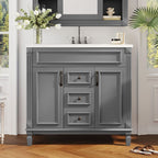 Meuble-lavabo moderne de 91 cm (36 pouces) pour salle de bain avec lavabo intégré et armoire à miroir, 2 portes et 2 tiroirs.