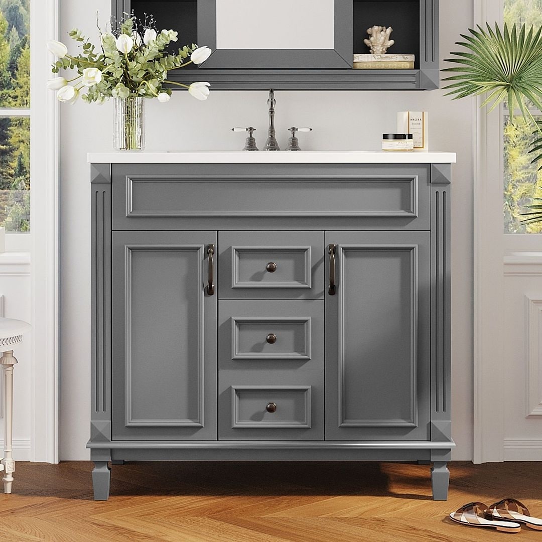 Meuble-lavabo moderne de 91 cm (36 pouces) pour salle de bain avec lavabo intégré et armoire à miroir, 2 portes et 2 tiroirs.