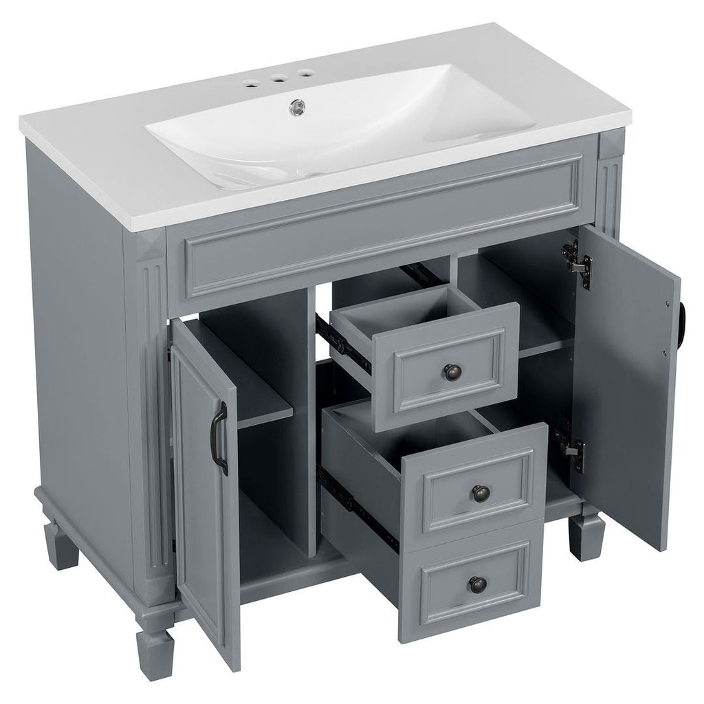 Meuble-lavabo moderne de 91 cm (36 pouces) pour salle de bain avec lavabo intégré et armoire à miroir, 2 portes et 2 tiroirs.