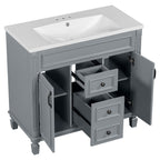 Meuble-lavabo moderne de 91 cm (36 pouces) pour salle de bain avec lavabo intégré et armoire à miroir, 2 portes et 2 tiroirs.
