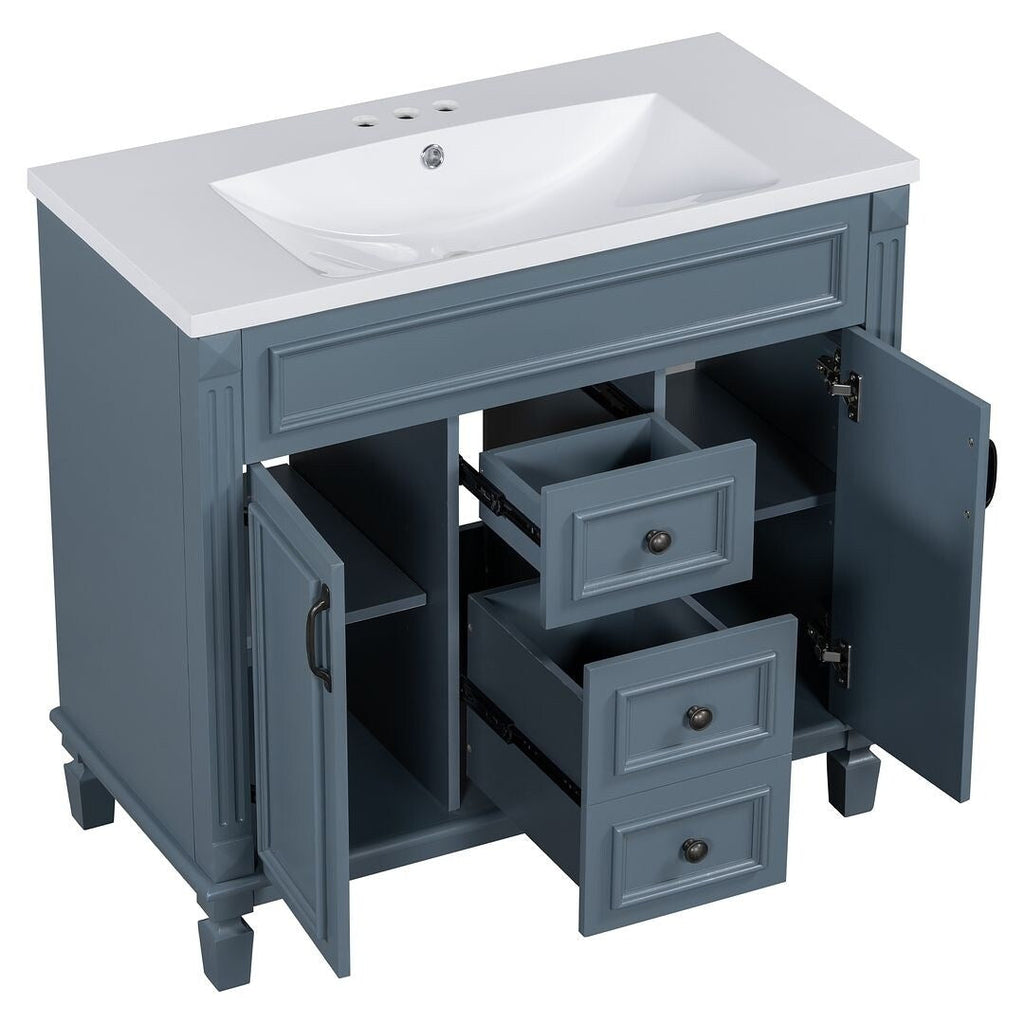 Meuble-lavabo moderne de 91 cm (36 pouces) pour salle de bain avec lavabo intégré et armoire à miroir, 2 portes et 2 tiroirs.