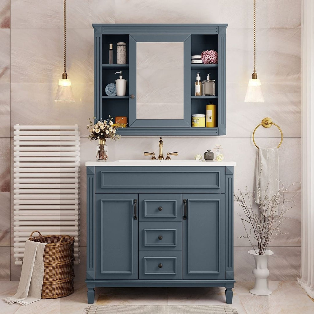 Meuble-lavabo moderne de 91 cm (36 pouces) pour salle de bain avec lavabo intégré et armoire à miroir, 2 portes et 2 tiroirs.