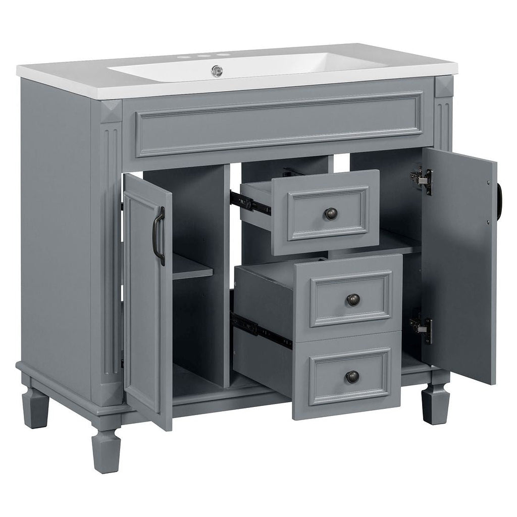 Meuble-lavabo moderne de 91 cm (36 pouces) pour salle de bain avec lavabo intégré et armoire à miroir, 2 portes et 2 tiroirs.