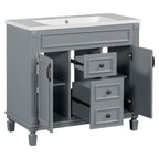 Meuble-lavabo moderne de 91 cm (36 pouces) pour salle de bain avec lavabo intégré et armoire à miroir, 2 portes et 2 tiroirs.