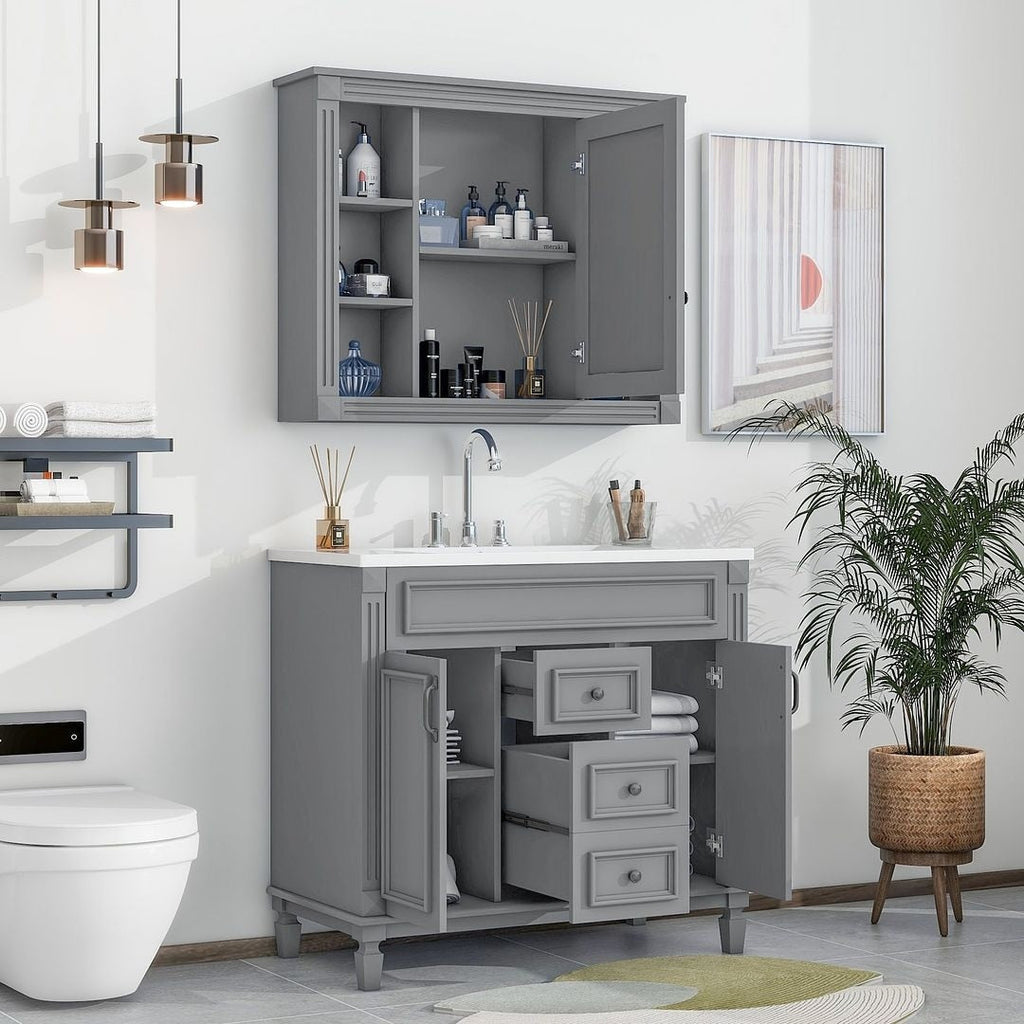 Meuble-lavabo moderne de 91 cm (36 pouces) pour salle de bain avec lavabo intégré et armoire à miroir, 2 portes et 2 tiroirs.