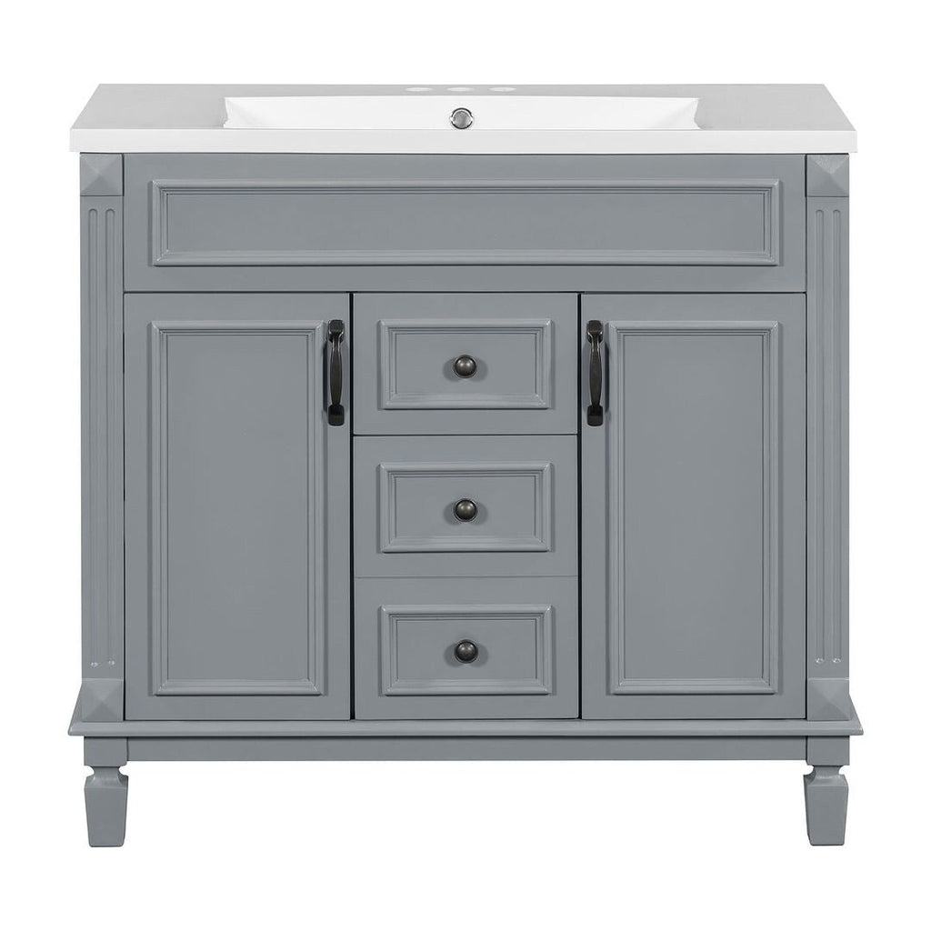 Meuble-lavabo moderne de 91 cm (36 pouces) pour salle de bain avec lavabo intégré et armoire à miroir, 2 portes et 2 tiroirs.