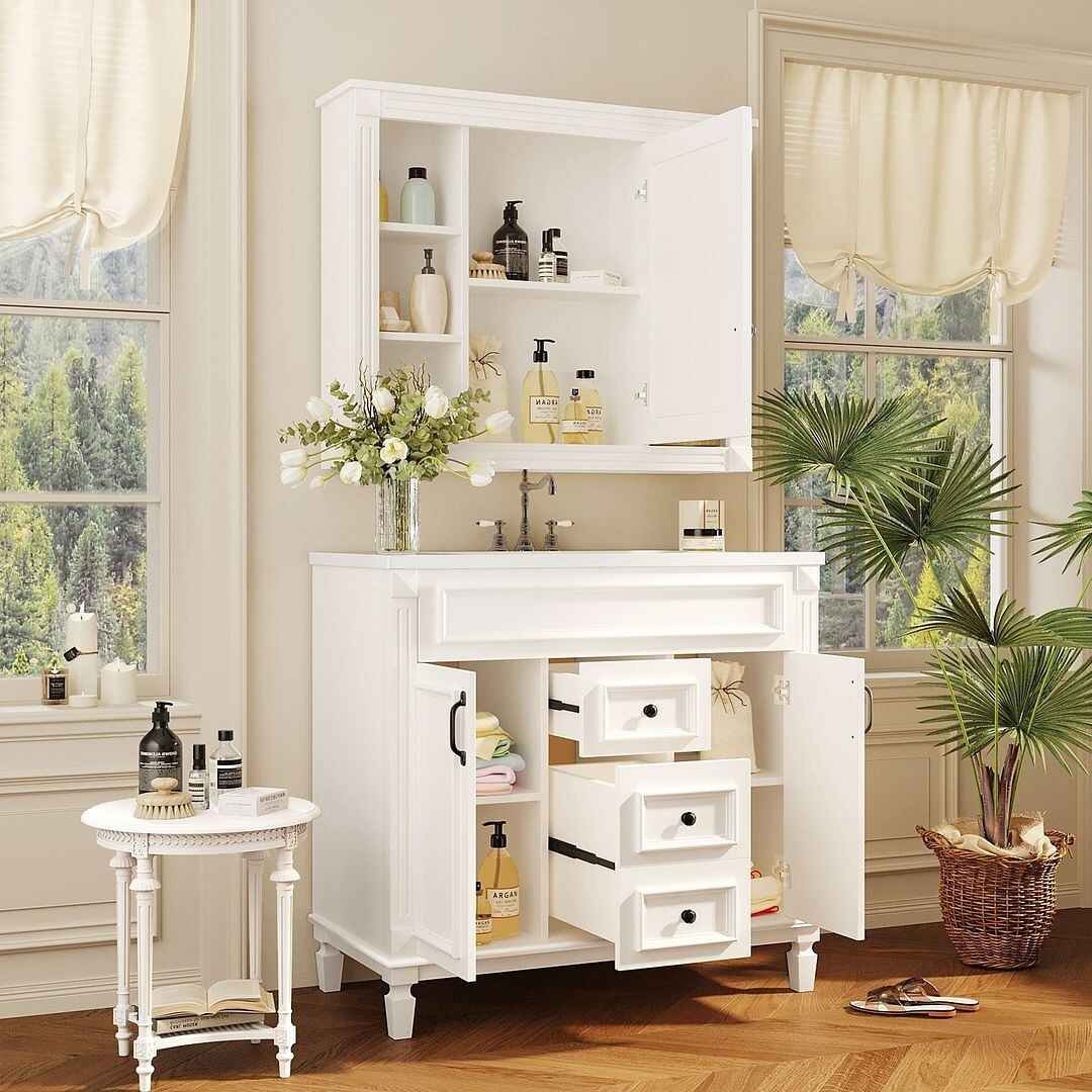 Meuble-lavabo moderne de 91 cm (36 pouces) pour salle de bain avec lavabo intégré et armoire à miroir, 2 portes et 2 tiroirs.