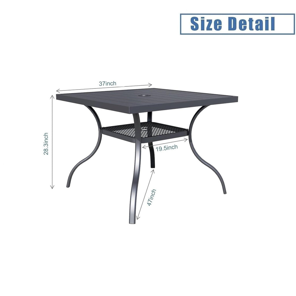 Table rectangulaire de jardin en métal à lattes avec trou pour parasol, 60 x 37 pouces, pour 6 personnes.
