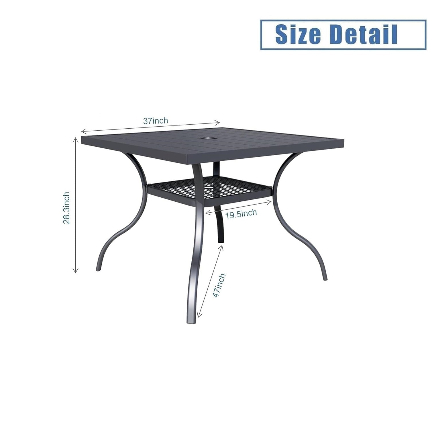 Table rectangulaire de jardin en métal à lattes avec trou pour parasol, 60 x 37 pouces, pour 6 personnes.
