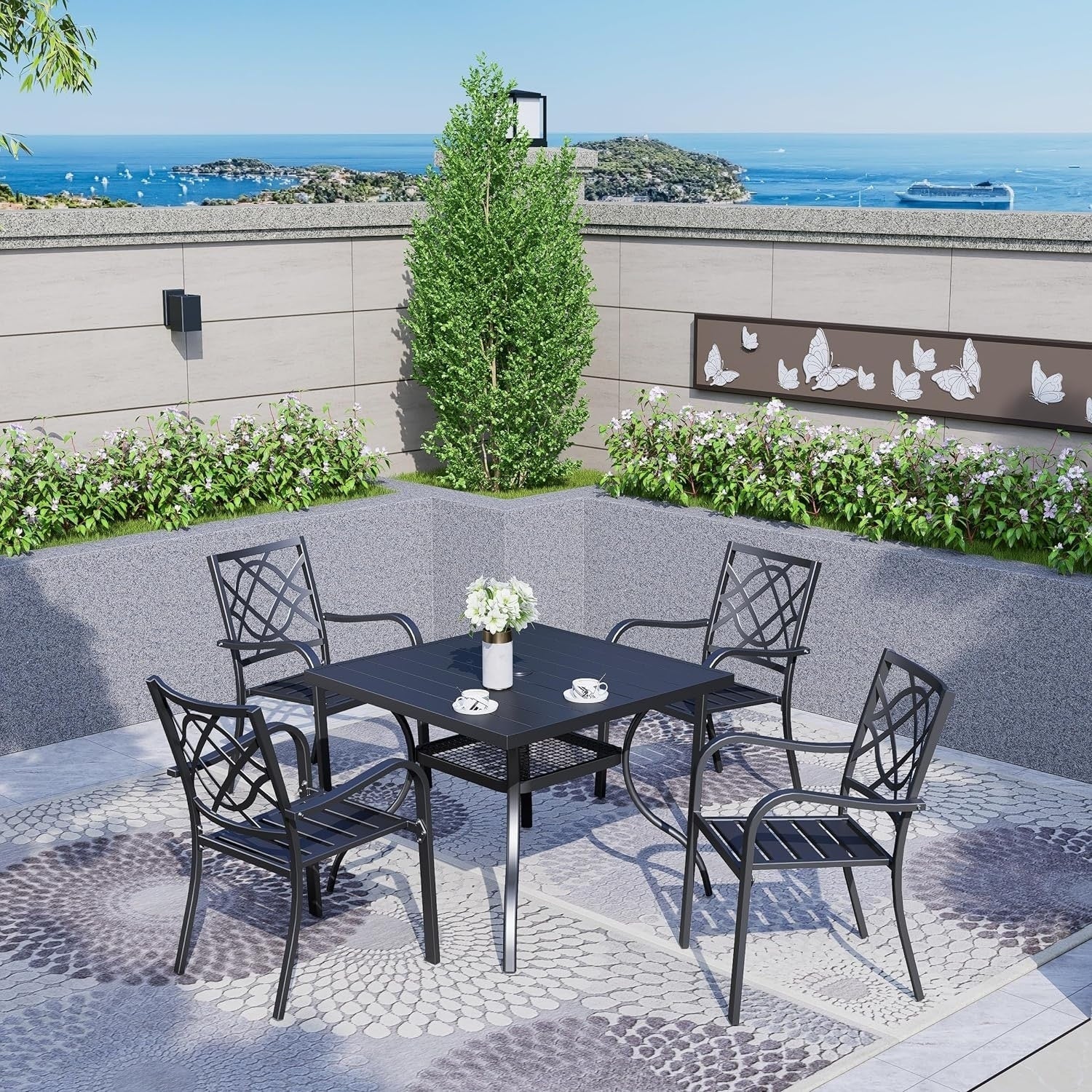 Table rectangulaire de jardin en métal à lattes avec trou pour parasol, 60 x 37 pouces, pour 6 personnes.
