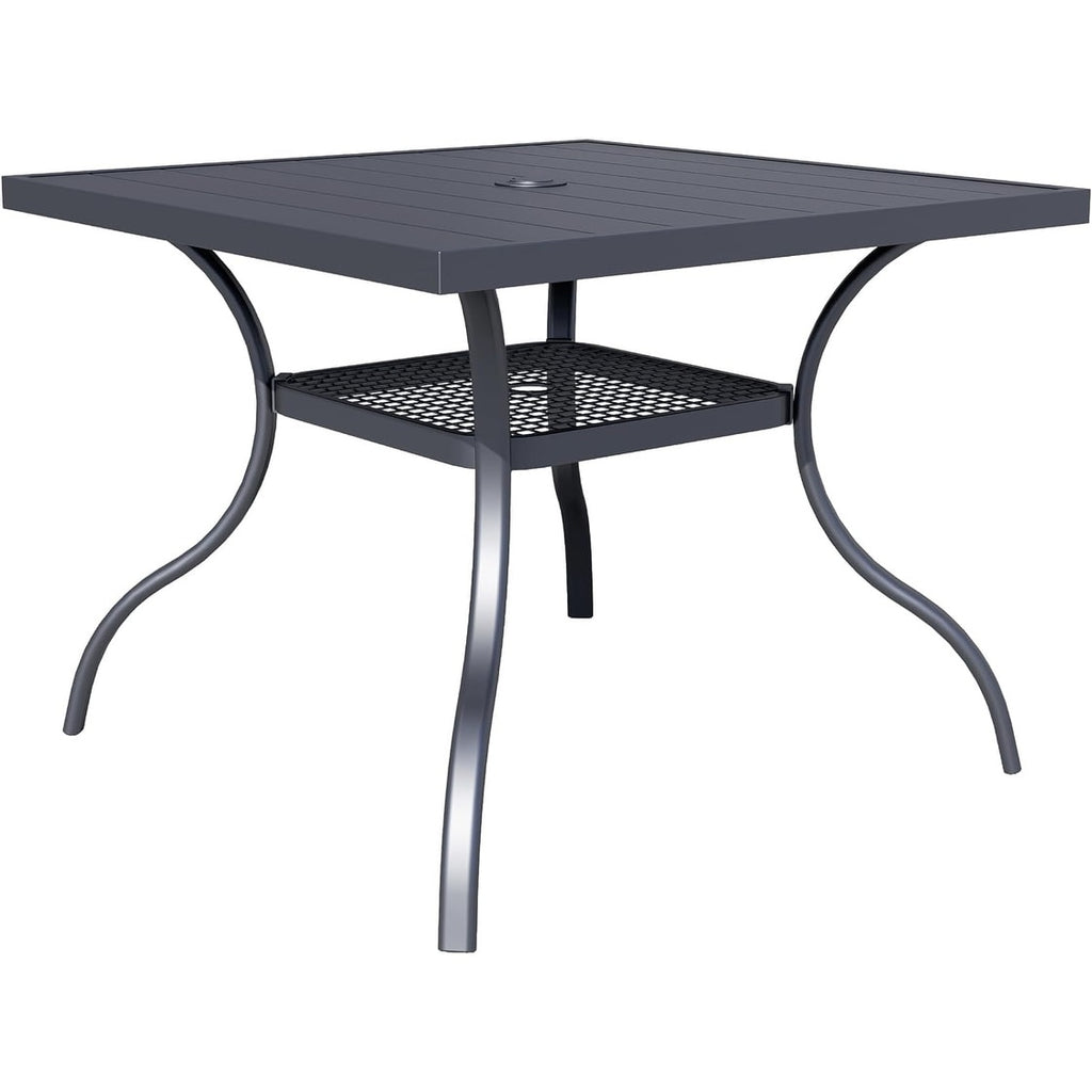 Table rectangulaire de jardin en métal à lattes avec trou pour parasol, 60 x 37 pouces, pour 6 personnes.