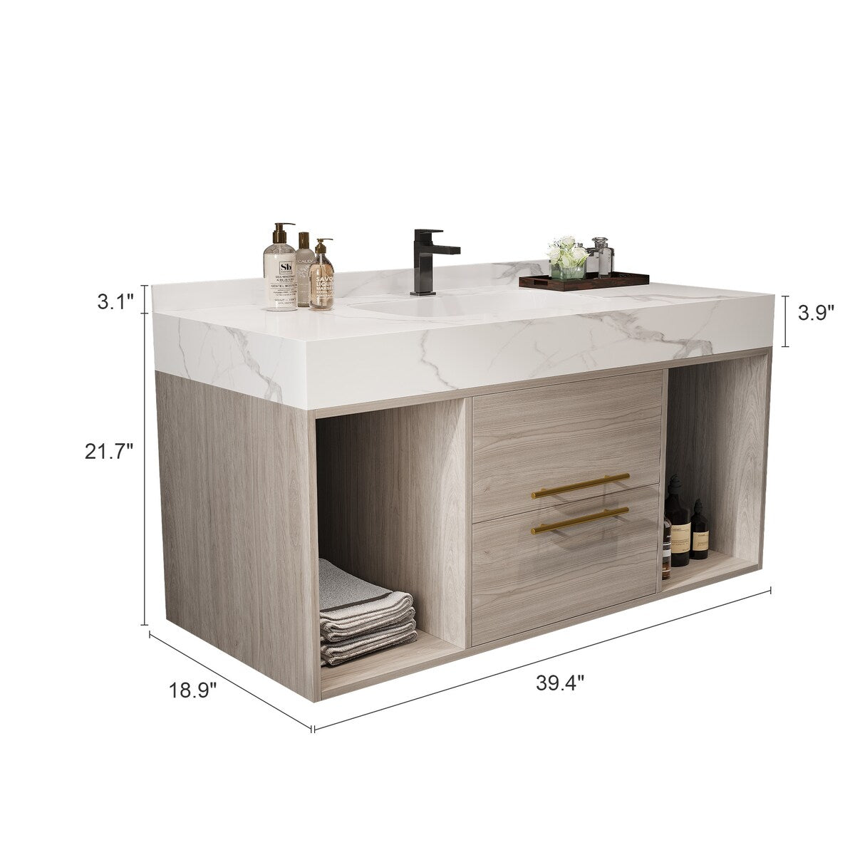 Meuble-lavabo suspendu de 39,4 pouces avec lavabo en céramique, meuble mural avec 2 tiroirs à fermeture amortie et plateau en ardoise blanche - 39'4 x 18'9