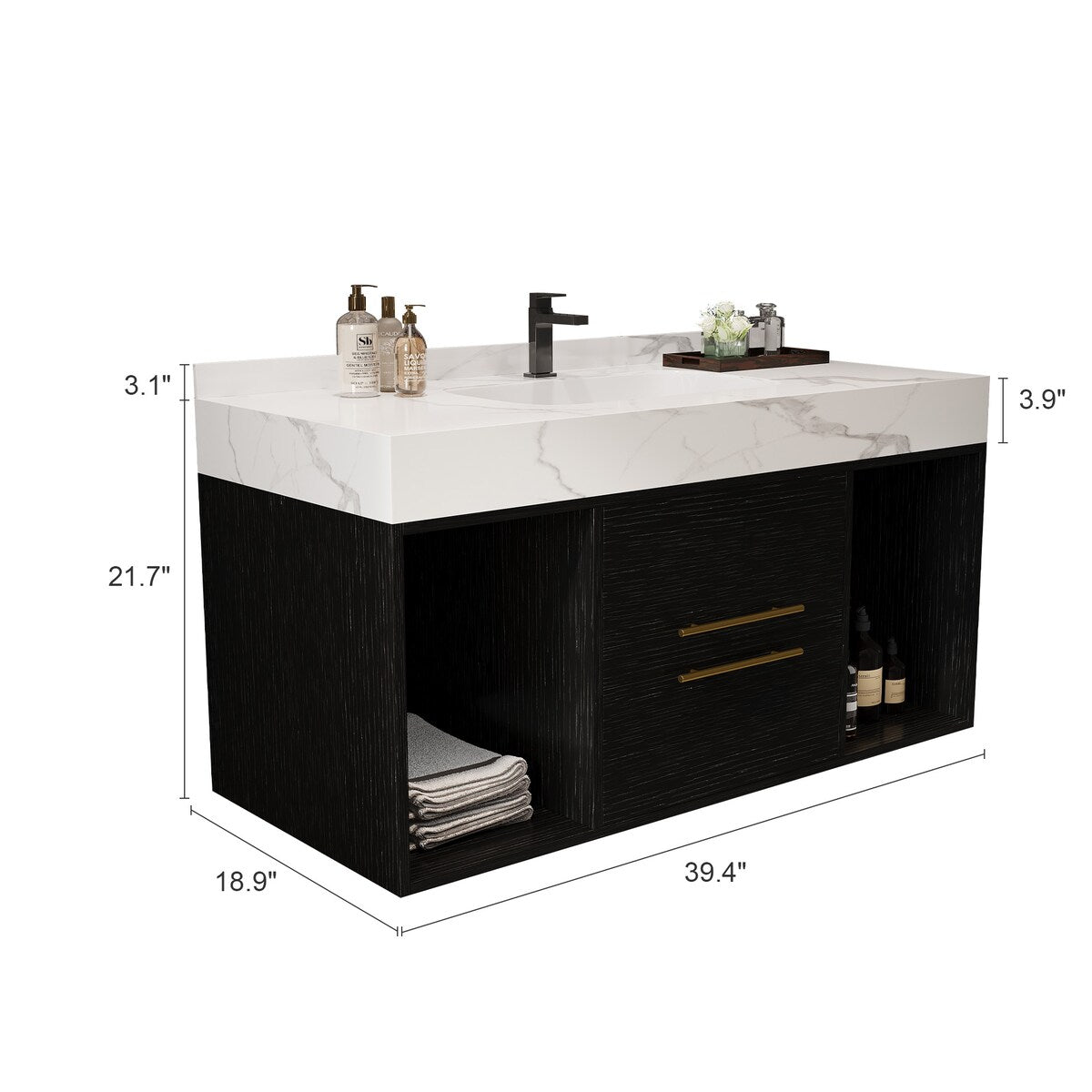 Meuble-lavabo suspendu de 39,4 pouces avec lavabo en céramique, meuble mural avec 2 tiroirs à fermeture amortie et plateau en ardoise blanche - 39'4 x 18'9