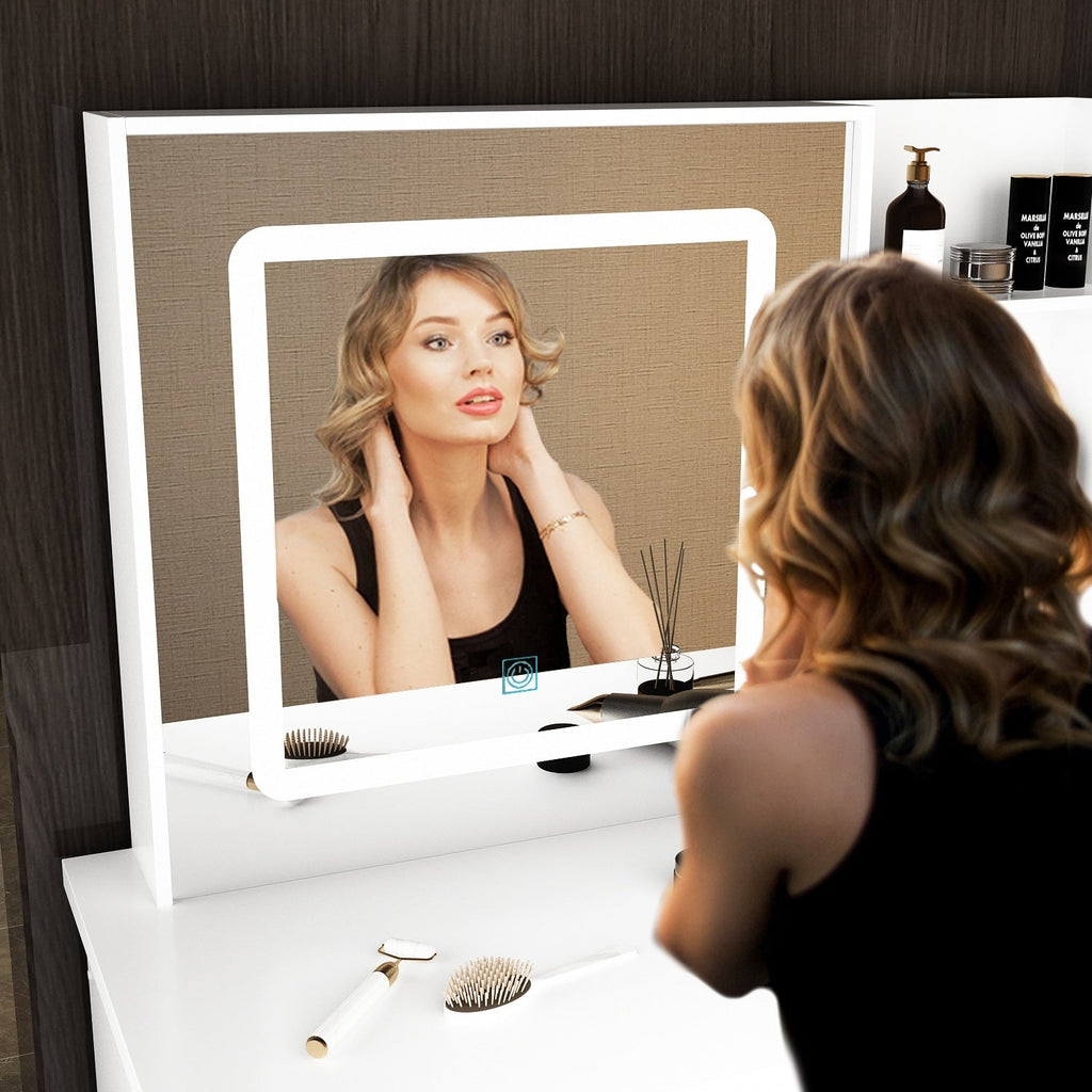 Ensemble coiffeuse et miroir de maquillage de 99,5 cm de large avec tabouret et miroir pour chambre.