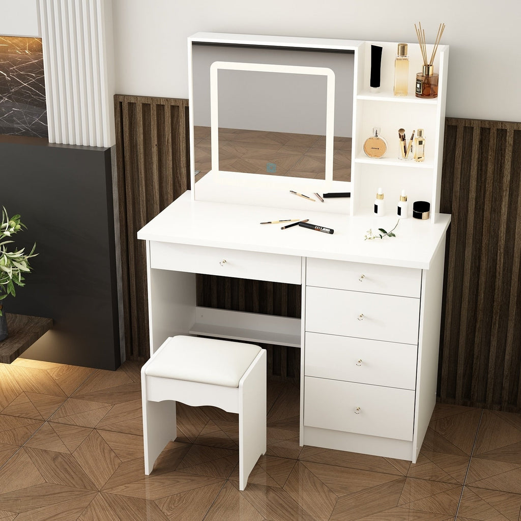 Ensemble coiffeuse et miroir de maquillage de 99,5 cm de large avec tabouret et miroir pour chambre.