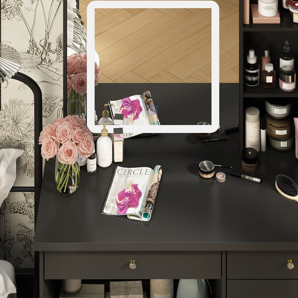 Ensemble coiffeuse et miroir de maquillage de 99,5 cm de large avec tabouret et miroir pour chambre.