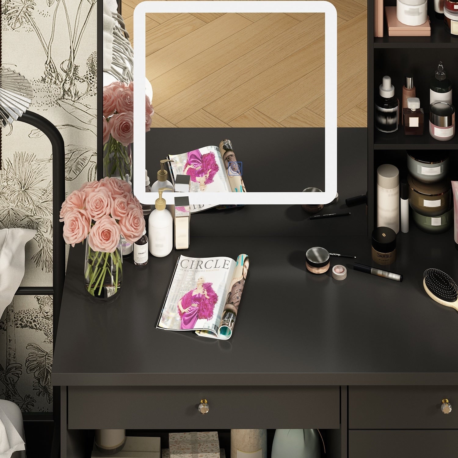 Ensemble coiffeuse et miroir de maquillage de 99,5 cm de large avec tabouret et miroir pour chambre.