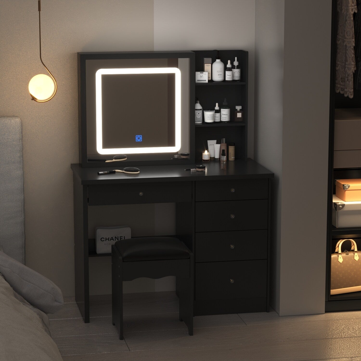 Ensemble de coiffeuse de maquillage de 99,5 cm de large avec tabouret et miroir