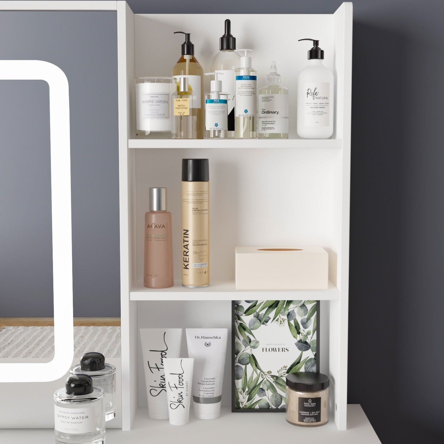 Ensemble coiffeuse et miroir de maquillage de 99,5 cm de large avec tabouret et miroir pour chambre.