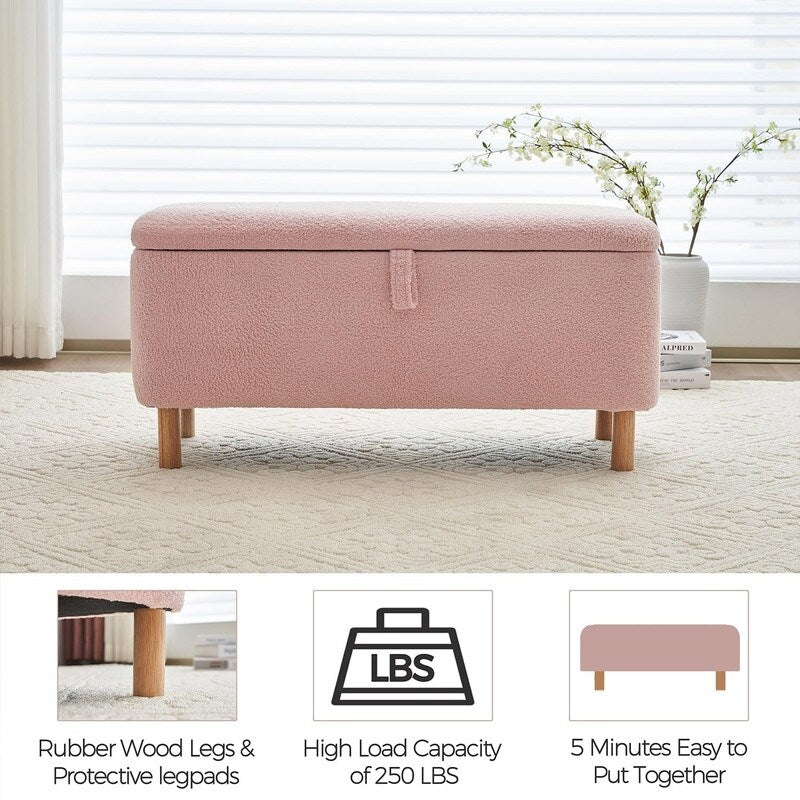 Banquette de rangement en bouclé blanc cassé Sherpa, 39,5 pouces, pouf de rangement, repose-pieds, pour salon, chambre à coucher, avec pieds en bois.