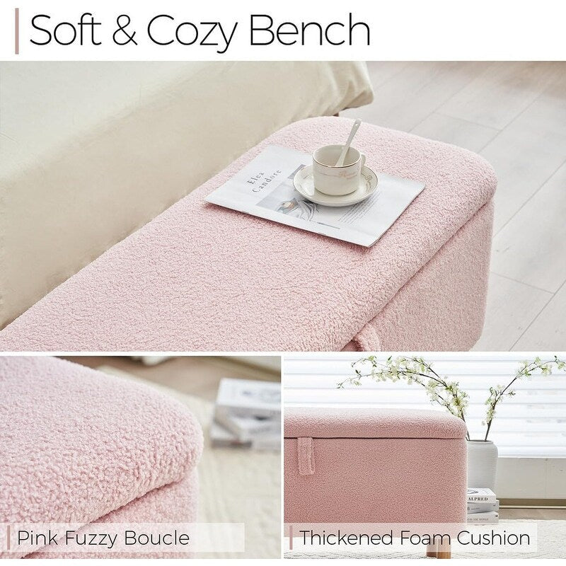Banquette de rangement en bouclé blanc cassé Sherpa, 39,5 pouces, pouf de rangement, repose-pieds, pour salon, chambre à coucher, avec pieds en bois.