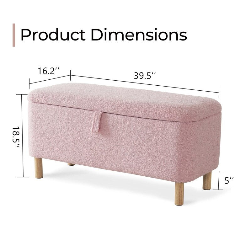 Banquette de rangement en bouclé blanc cassé Sherpa, 39,5 pouces, pouf de rangement, repose-pieds, pour salon, chambre à coucher, avec pieds en bois.