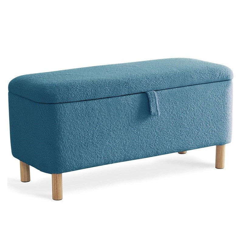 Banquette de rangement en bouclé blanc cassé Sherpa, 39,5 pouces, pouf de rangement, repose-pieds, pour salon, chambre à coucher, avec pieds en bois.