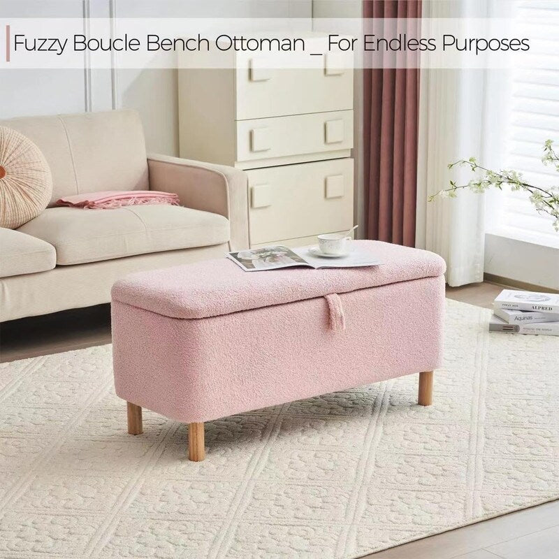 Banquette de rangement en bouclé blanc cassé Sherpa, 39,5 pouces, pouf de rangement, repose-pieds, pour salon, chambre à coucher, avec pieds en bois.