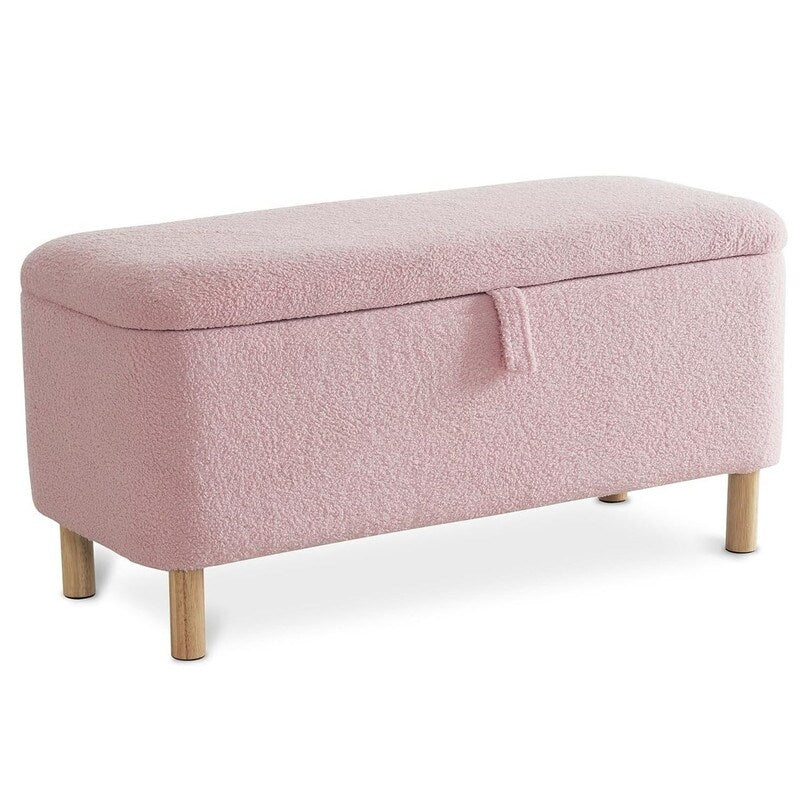 Banquette de rangement en bouclé blanc cassé Sherpa, 39,5 pouces, pouf de rangement, repose-pieds, pour salon, chambre à coucher, avec pieds en bois.