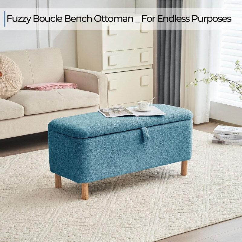 Banquette de rangement en bouclé blanc cassé Sherpa, 39,5 pouces, pouf de rangement, repose-pieds, pour salon, chambre à coucher, avec pieds en bois.
