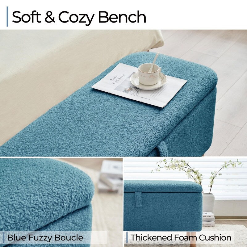 Banquette de rangement en bouclé blanc cassé Sherpa, 39,5 pouces, pouf de rangement, repose-pieds, pour salon, chambre à coucher, avec pieds en bois.