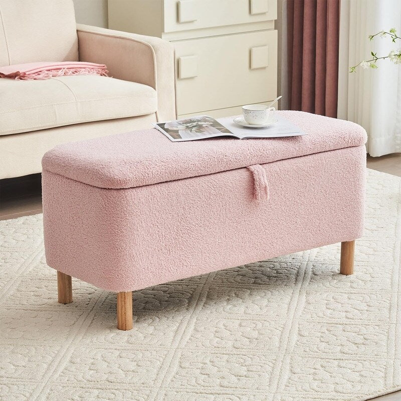 Banquette de rangement en bouclé blanc cassé Sherpa, 39,5 pouces, pouf de rangement, repose-pieds, pour salon, chambre à coucher, avec pieds en bois.
